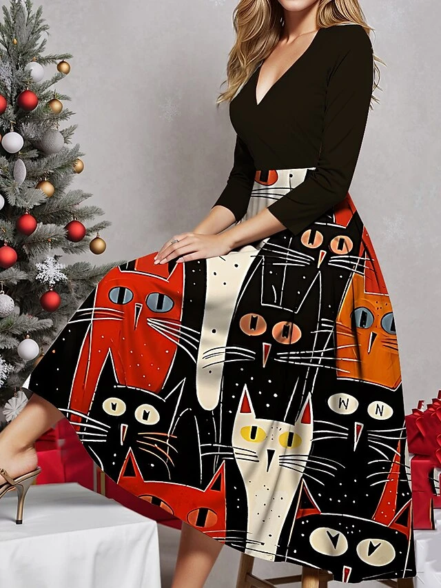 Women's Casual Dress Christmas Dress Winter Dress Cat Print V Neck Midi Dress Fashion Streetwear Outdoor Christmas 3/4 Length Sleeve Regular Fit Black Red Orange Fall Winter S M L XL XXL 4 Women's Casual Dress Christmas Dress Winter Dress Cat Print V Neck Midi Dress Fashion Streetwear Outdoor Christmas 3/4 Length Sleeve Regular Fit Black Red Orange Fall Winter S M L XL XXL - Image 4