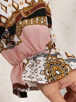 Women's Plus Size Curve Casual Dress Chiffon Dress A Line Dress Geometric Color Block Midi Dress Long Sleeve Lace Up Print Stand Collar Fashion Daily Pink Blue Fall Winter L XL XXL 3XL 4XL -Casual Print Dress Sales somdaj1695025297654