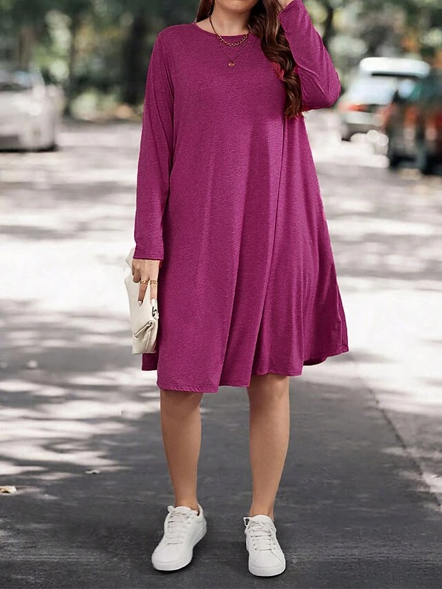Women's Plus Size Curve Casual Dress Winter Dress T Shirt Dress Tee Dress Solid Color Midi Dress Long Sleeve Pocket Crew Neck Fashion Outdoor Fuchsia Fall Winter XL XXL 3XL 4 Women's Plus Size Curve Casual Dress Winter Dress T Shirt Dress Tee Dress Solid Color Midi Dress Long Sleeve Pocket Crew Neck Fashion Outdoor Fuchsia Fall Winter XL XXL 3XL - Image 4