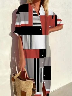 Women's Shirt Dress Casual Dress Midi Dress Outdoor Office Daily Polyester Fashion Modern Shirt Collar Button Print 3/4 Length Sleeve Summer Spring Fall 2023 Loose Fit Black White Yellow Geometric -Casual Print Dress Sales spjgwo1691045266640