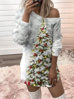 Women‘s Christmas Casual Dress Sweatshirt Dress Mini Dress Warm Fashion Outdoor Holiday Crew Neck Print Animal Santa Claus Tree Loose Fit Black White Burgundy S M L XL XXL