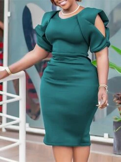 Women‘s Plus Size Curve Party Dress Solid Color V Neck Short Sleeve Spring Fall Work Formal Midi Dress Party Date Dress -Casual Print Dress Sales spsokk1661334435172