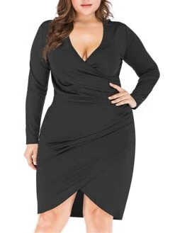 Women‘s Plus Size Curve Work Dress Sheath Dress Semi Formal Dress Fashion Midi Dress Ruched V Neck Long Sleeve Plain Regular Fit Black Wine Blue Fall Winter XL XXL 3XL 4XL 5XL -Casual Print Dress Sales sptdgp1691401444719