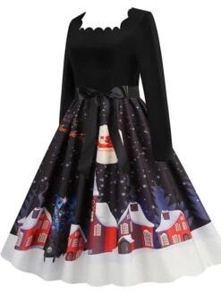 Women's Christmas Vintage Dress Midi Dress Black And White Green Black Long Sleeve Santa Claus Bow Winter Fall Autumn Square Neck Stylish Christmas Vacation 2022 S M L XL XXL 3XL -Casual Print Dress Sales spufcr1667637301338