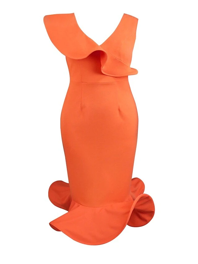 Women's Plus Size Curve Party Dress Bodycon Sheath Dress Plain Midi Dress Sleeveless Ruffle V Neck Fashion Party Orange Spring Fall XL XXL 3XL 4XL 7 Women's Plus Size Curve Party Dress Bodycon Sheath Dress Plain Midi Dress Sleeveless Ruffle V Neck Fashion Party Orange Spring Fall XL XXL 3XL 4XL - Image 7
