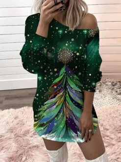 Women‘s Christmas Casual Dress Sweatshirt Dress Mini Dress Warm Fashion Outdoor Holiday Crew Neck Print Tree Loose Fit Black Blue Gold S M L XL XXL -Casual Print Dress Sales sqjglk1694157650078