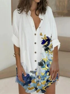 Women's Shirt Dress Casual Dress Shift Dress Mini Dress Outdoor Daily Vacation Polyester Fashion Casual Stand Collar Button Pocket Long Sleeve Fall 2023 Regular Fit White Butterfly S M L XL 2XL