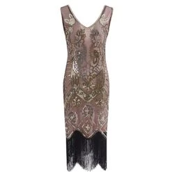 Women's Retro 1920s Fringe Dress Midi Dress Party Halloween Sequins Tassel Fringe Floral V Neck Sleeveless Regular Fit Spring Fall 2023 Black Pink S M L XL -Casual Print Dress Sales sqrwer1692849147918