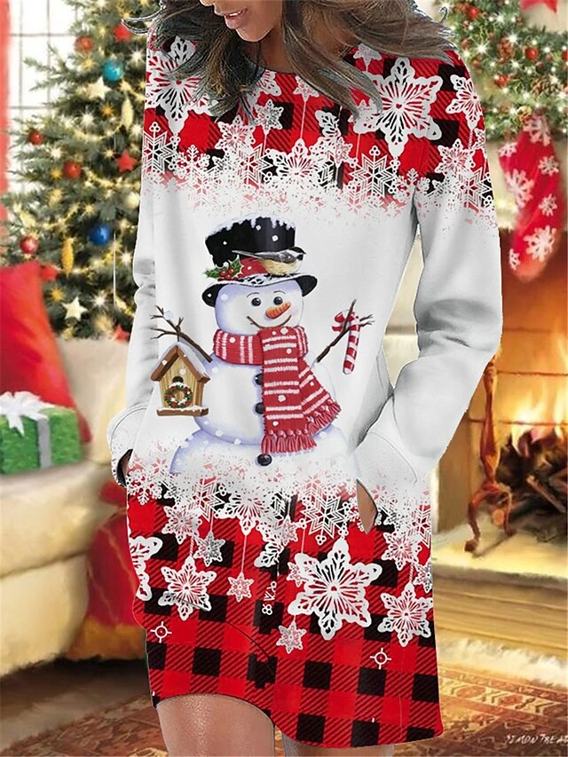Women's Christmas Casual Dress Sweatshirt Dress Mini Dress Warm Fashion OutdoorHoliday Crew Neck Pocket Print Geometric Snowman Snowflake Loose Fit Wine Blue Green S M L XL XXL 1 Women's Christmas Casual Dress Sweatshirt Dress Mini Dress Warm Fashion OutdoorHoliday Crew Neck Pocket Print Geometric Snowman Snowflake Loose Fit Wine Blue Green S M L XL XXL