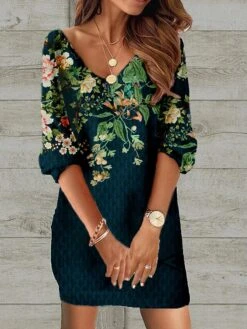 Women's Casual Dress Ethnic Dress Shift Dress Mini Dress Black Wine Red 3/4 Length Sleeve Floral Print Spring Fall Winter V Neck Fashion Loose Fit 2023 S M L XL XXL 3XL 4XL 5XL -Casual Print Dress Sales sriglw1671162545538