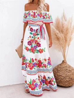 Women's Boho Dress Beach Dress Beach Wear Long Dress Maxi Dress Ruffle Print Boho Casual Floral Off Shoulder Short Sleeve Loose Fit Outdoor Daily Black White 2023 Spring Summer S M L XL -Casual Print Dress Sales srqugq1675160141505