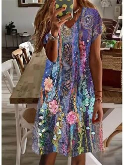Women's Casual Dress Shift Dress Midi Dress Purple Short Sleeve Floral Print Summer Spring V Neck Stylish Loose Fit 2023 S M L XL XXL 3XL