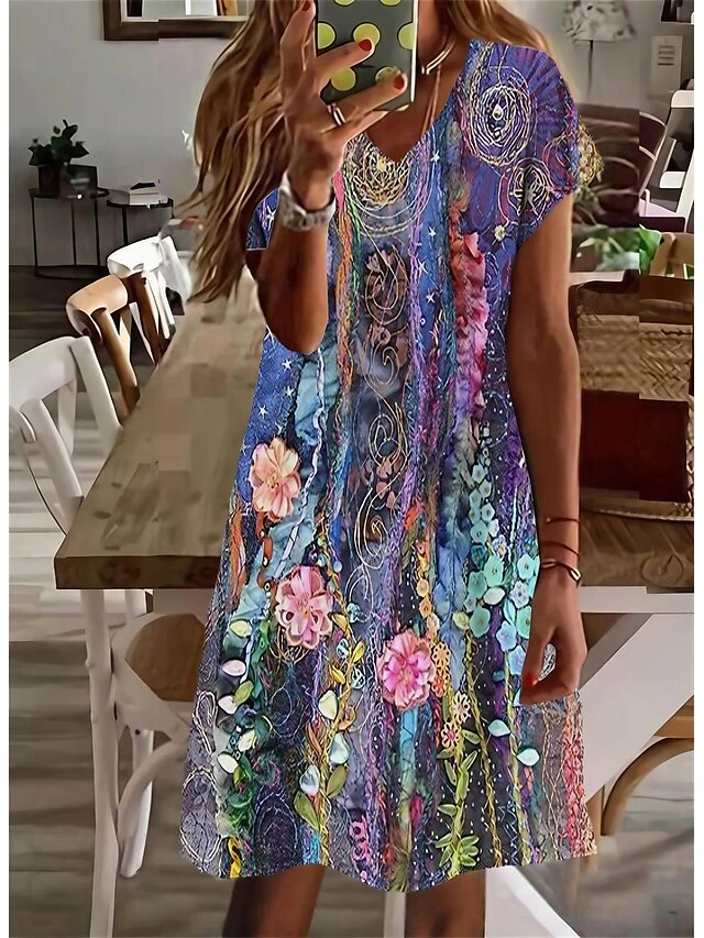 Women's Casual Dress Shift Dress Midi Dress Purple Short Sleeve Floral Print Summer Spring V Neck Stylish Loose Fit 2023 S M L XL XXL 3XL 1 Women's Casual Dress Shift Dress Midi Dress Purple Short Sleeve Floral Print Summer Spring V Neck Stylish Loose Fit 2023 S M L XL XXL 3XL