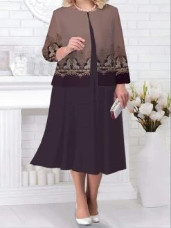 Women's Plus Size Two Piece Dress Set Casual Dress Paisley Dress Outdoor Office Fashion Streetwear Print Midi Dress Crew Neck Long Sleeve Floral Paisley Regular Fit Black Fuchsia Brown Fall Winter L -Casual Print Dress Sales srwkbc1693213812421