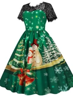 Women's Christmas Swing Dress Vintage DressKnee Length Dress Green Wine Dark Green Fuchsia Red Black Short Sleeve Santa Claus Snowman Snowflake Lace Print Fall Winter V Neck Vacation Vintage 2022 S -Casual Print Dress Sales sscajf1665293365700