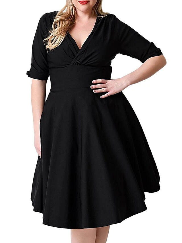 Women‘s Plus Size Curve Casual Dress Vintage Dress Solid Color Midi Dress Half Sleeve V Neck Fashion Daily Black Wine Summer Spring L XL XXL 3XL 4XL 3 Women‘s Plus Size Curve Casual Dress Vintage Dress Solid Color Midi Dress Half Sleeve V Neck Fashion Daily Black Wine Summer Spring L XL XXL 3XL 4XL - Image 3