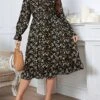 Women's Plus Size Party Dress Wedding Guest Dress Black Dress Midi Dress Black Long Sleeve Flower Print Spring Fall Winter High Neck Fashion Winter Dress Evening Party Wedding Guest 2023 XL XXL 3XL