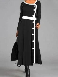 Women's Casual Dress Black Dress Plain Dress Long Dress Maxi Dress Patchwork Outdoor Street Daily Fashion Streetwear Crew Neck Long Sleeve 2023 Loose Fit Black Color S M L XL XXL Size