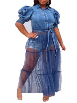 Women‘s Plus Size Curve Holiday Dress Solid Color Shirt Collar Mesh Long Sleeve Fall Spring Basic Casual Preppy Maxi Long Dress Casual Daily DressCotton -Casual Print Dress Sales stxxsc1641889363745