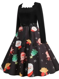 Women's Christmas Vintage Dress Midi Dress Black And White Green Black Long Sleeve Santa Claus Bow Winter Fall Autumn Square Neck Stylish Christmas Vacation 2022 S M L XL XXL 3XL -Casual Print Dress Sales styrur1667637302360