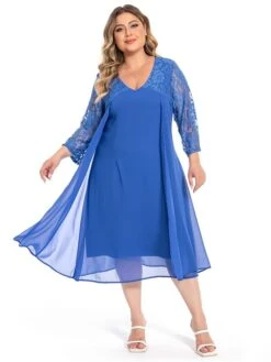 Women‘s Plus Size Curve Party Dress Lace Dress Work Dress Midi Dress Blue 3/4 Length Sleeve Pure Color Lace Summer Spring Fall V Neck Fashion Wedding Guest Summer Dress 2023 L XL XXL 3XL 4XL 5XL -Casual Print Dress Sales stzvad1694768968784