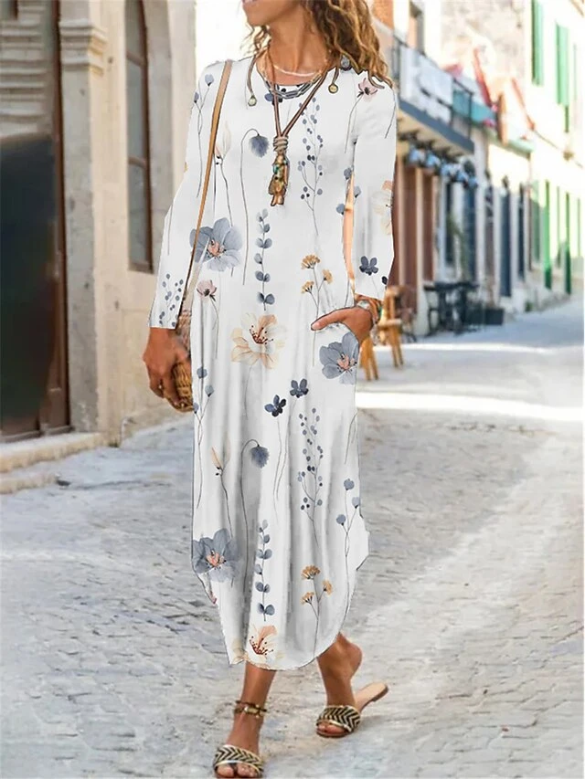 Women's Casual Dress Print Dress Spring Dress Floral Ditsy Floral Pocket Split Crew Neck Long Dress Maxi Dress Fashion Streetwear Outdoor Daily Long Sleeve Regular Fit White Light Green Pink Summer 5 Women's Casual Dress Print Dress Spring Dress Floral Ditsy Floral Pocket Split Crew Neck Long Dress Maxi Dress Fashion Streetwear Outdoor Daily Long Sleeve Regular Fit White Light Green Pink Summer - Image 5