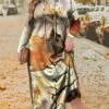 Women's Plus Size Curve Hoodie Dress Casual Dress Winter Dress Leaf Geometric Long Dress Maxi Dress Long Sleeve Pocket Print Hooded Fashion Outdoor Brown Khaki Fall Winter L XL XXL 3XL 4XL