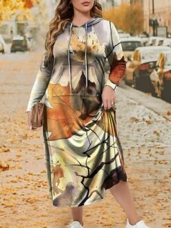 Women's Plus Size Curve Hoodie Dress Casual Dress Winter Dress Leaf Geometric Long Dress Maxi Dress Long Sleeve Pocket Print Hooded Fashion Outdoor Brown Khaki Fall Winter L XL XXL 3XL 4XL