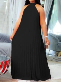 Women's Plus Size Curve Shift Dress Solid Color Halter Neck Ruched Sleeveless Spring Summer Basic Maxi Long Dress Casual Daily Dress -Casual Print Dress Sales susoiw1654676763854