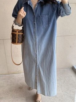 Women's Shirt Dress Casual Dress Maxi Long Dress Outdoor Daily Vacation Denim Fashion Modern Shirt Collar Button Pocket Long Sleeve Spring Fall Winter 2023 Loose Fit Blue Ombre M -Casual Print Dress Sales suusnl1695027658502