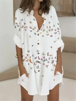 Women's Shirt Dress Casual Dress Shift Dress Mini Dress Outdoor Daily Vacation Polyester Fashion Casual Stand Collar Button Pocket Long Sleeve Summer Spring Fall 2023 Regular Fit White Pink Butterfly 5 Women's Shirt Dress Casual Dress Shift Dress Mini Dress Outdoor Daily Vacation Polyester Fashion Casual Stand Collar Button Pocket Long Sleeve Summer Spring Fall 2023 Regular Fit White Pink Butterfly -Casual Print Dress Sales suxktx1679382573205
