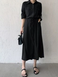Women's Shirt Dress Casual Dress Maxi Long Dress Outdoor Daily Date Polyester Fashion Classic Shirt Collar Button Pocket Long Sleeve Fall Winter 2023 Loose Fit ArmyGreen Black Brown Pure Color S M L -Casual Print Dress Sales svlczl1693535847431