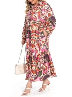 Women's Plus Size Curve Shirt Dress Work Dress Satin Dress Floral Long Dress Maxi Dress Long Sleeve Split Shirt Collar Fashion Office Red Fall Winter L XL XXL 3XL 4XL -Casual Print Dress Sales sweemu1694772967324