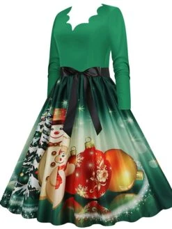 Women's Christmas Party Dress Swing DressKnee Length Dress Green Purple Wine Red Black Long Sleeve Santa Claus Elk Snowman Print Fall Winter V Neck Vintage Party Elegant Party 2022 S M L XL XXL 3XL -Casual Print Dress Sales swwjxi1665475510544