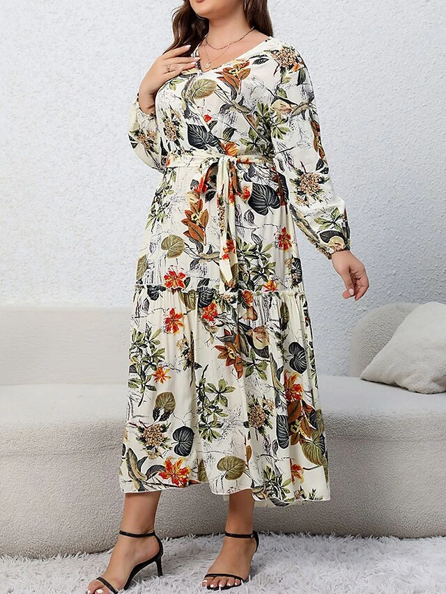Women's Casual Dress Swing Dress Print Dress Leaf Floral Ruffle Print V Neck Long Dress Maxi Dress Fashion Streetwear Outdoor Daily Long Sleeve Regular Fit Blue Apricot Fall Winter XL XXL 3XL 4XL 4 Women's Casual Dress Swing Dress Print Dress Leaf Floral Ruffle Print V Neck Long Dress Maxi Dress Fashion Streetwear Outdoor Daily Long Sleeve Regular Fit Blue Apricot Fall Winter XL XXL 3XL 4XL - Image 4