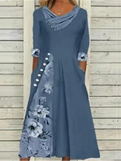 Women's Casual Dress Summer Dress Print Dress Floral Button Pocket V Neck Midi Dress Fashion Streetwear Outdoor Street Half Sleeve Loose Fit Pink Navy Blue Blue Summer Spring S M L XL XXL -Casual Print Dress Sales swzilt1690283143211