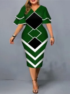 Women‘s Plus Size Curve Work Dress Geometric V Neck Short Sleeve Spring Fall Fashion Elegant Modern Midi Dress Formal Office Dress -Casual Print Dress Sales sxbhhb1671091290824
