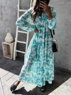 Women's Casual Dress Swing Dress Print Dress Floral Ruched Print V Neck Long Dress Maxi Dress Fashion Streetwear Outdoor Street Long Sleeve Loose Fit Red Blue Green Fall Winter S M L XL XXL -Casual Print Dress Sales sxbwza1694066127332