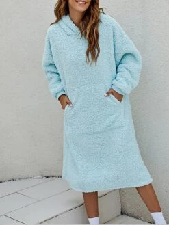 Women's Casual Dress Hoodie Dress Midi Dress Active Fashion Outdoor Home Holiday V Neck Pocket Solid Color Loose Fit Pink Burgundy Royal Blue M