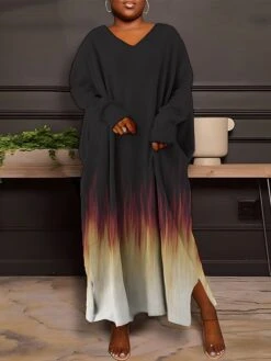 Women's Plus Size Curve Winter Dress Paisley Dress Casual Dress Floral Paisley Long Dress Maxi Dress Long Sleeve Split Print V Neck Fashion Outdoor Black Royal Blue Fall Winter L XL XXL 3XL 4XL