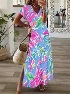 Women's Casual Dress A Line Dress Summer Dress Floral Split Print V Neck Long Dress Maxi Dress Fashion Streetwear Outdoor Daily Short Sleeve Regular Fit White Blue Purple Summer Spring S M L XL XXL