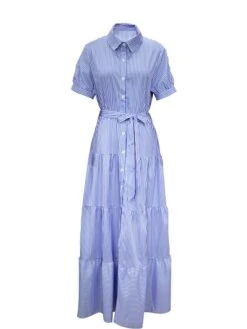 Women's Shirt Dress Maxi Long Dress Daily Vacation Polyester Casual Shirt Collar Lace Up Button Short Sleeve Summer Spring 2022 Regular Fit Blue Green Striped S M L XL -Casual Print Dress Sales szisgo1693289127699