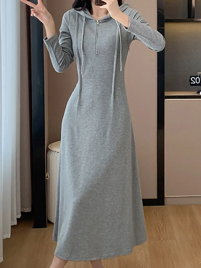 Women's Casual Dress Hoodie Dress Midi Dress Fashion Daily Outdoor Vacation Going Out Hoodie Zipper Solid Color Regular Fit Black Gray S M L XL 4 Women's Casual Dress Hoodie Dress Midi Dress Fashion Daily Outdoor Vacation Going Out Hoodie Zipper Solid Color Regular Fit Black Gray S M L XL - Image 4
