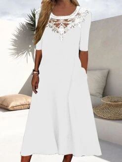 Women's Casual Dress White Dress Summer Dress Midi Dress Lace Patchwork Daily Date Going Out Fashion Basic Crew Neck Short Sleeve 2023 Loose Fit Black White Army Green Color M L XL XXL 3XL Size -Casual Print Dress Sales tafjan1691568302175