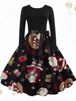 Women's ChristmasSkater DressKnee Length Dress Light Yellow Green White Light Red Dark Blue Red Long Sleeve Snowman Tree Snowflake Bow Print Fall Winter Crew Neck Vintage Party 2022 S