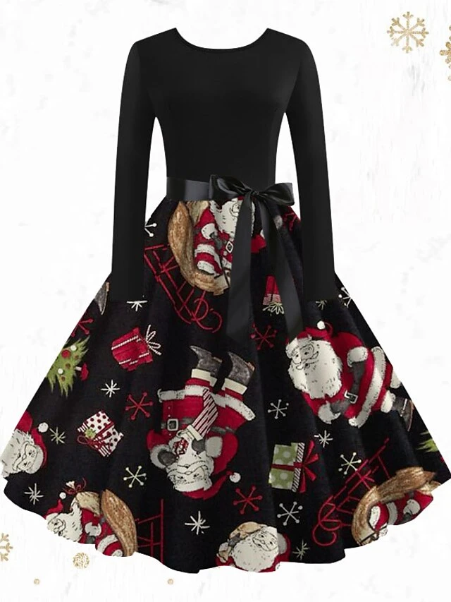 Women's ChristmasSkater DressKnee Length Dress Light Yellow Green White Light Red Dark Blue Red Long Sleeve Snowman Tree Snowflake Bow Print Fall Winter Crew Neck Vintage Party 2022 S 1 Women's ChristmasSkater DressKnee Length Dress Light Yellow Green White Light Red Dark Blue Red Long Sleeve Snowman Tree Snowflake Bow Print Fall Winter Crew Neck Vintage Party 2022 S