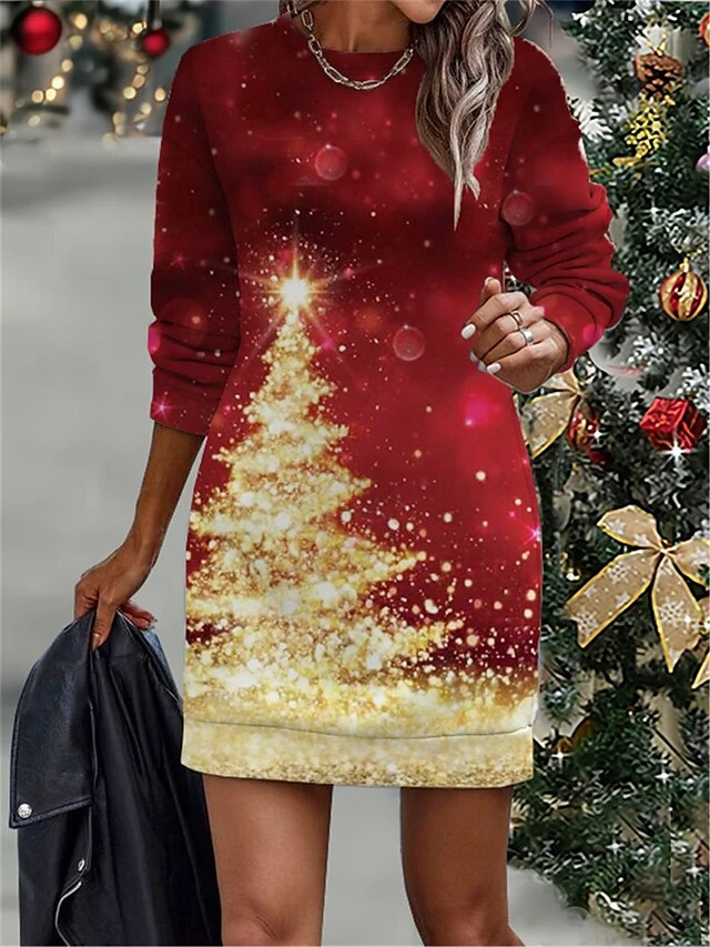 Women's Christmas Dress Casual Dress Mini Dress Warm Fashion Outdoor Christmas Vacation Crew Neck Print Christmas Tree Regular Fit Wine Red Gold S M L XL XXL 3 Women's Christmas Dress Casual Dress Mini Dress Warm Fashion Outdoor Christmas Vacation Crew Neck Print Christmas Tree Regular Fit Wine Red Gold S M L XL XXL - Image 3