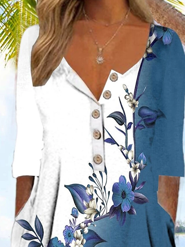 Women's Casual Dress Summer Dress Print Dress Floral Ombre Button Pocket V Neck Midi Dress Active Fashion Outdoor Daily 3/4 Length Sleeve Regular Fit Blue Summer Spring S M L XL XXL 3 Women's Casual Dress Summer Dress Print Dress Floral Ombre Button Pocket V Neck Midi Dress Active Fashion Outdoor Daily 3/4 Length Sleeve Regular Fit Blue Summer Spring S M L XL XXL - Image 3