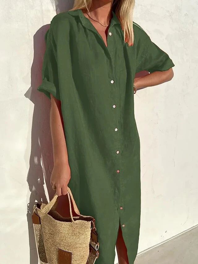 Women's Shirt Dress Casual Dress Midi Dress Daily Cotton Casual Shirt Collar Button Short Sleeve Summer Spring Fall 2023 Loose Fit ArmyGreen Black Red Plain XS S M L XL 4 Women's Shirt Dress Casual Dress Midi Dress Daily Cotton Casual Shirt Collar Button Short Sleeve Summer Spring Fall 2023 Loose Fit ArmyGreen Black Red Plain XS S M L XL - Image 4