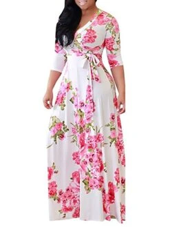 Women‘s Plus Size Curve Holiday Dress Floral V Neck Print Half Sleeve Fall Spring Casual Maxi Long Dress Casual Vacation Dress